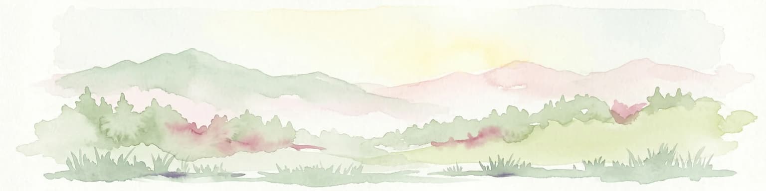 Watercolor illustration showing mountain ranges, forests, and a river under a light sky.
