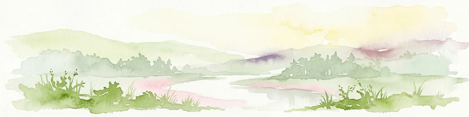 Watercolor illustration of a river flowing through grassy terrain with rolling hills in the background