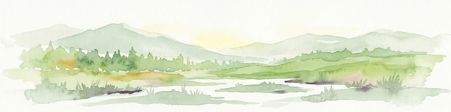 Watercolor painting depicting mountains, forested hills, and a river in a scenic landscape