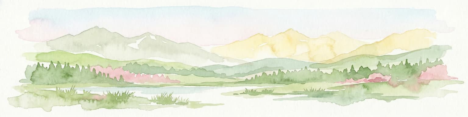 Watercolor illustration depicting green valleys, forests, and distant mountain peaks
