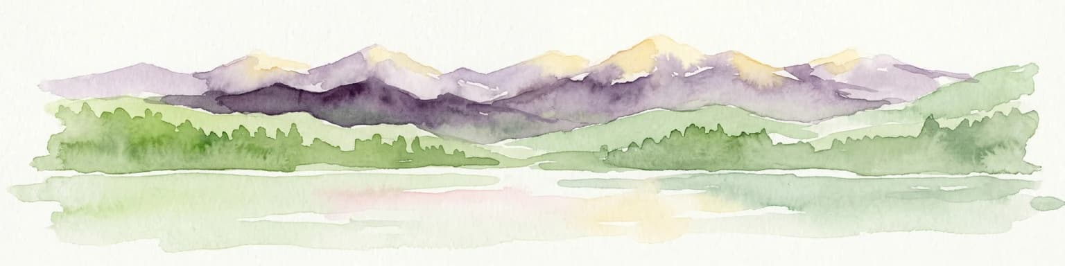 Watercolor illustration of a mountain range with green hills and a lake in the foreground
