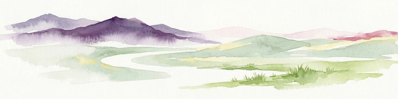 Watercolor painting showing a mountain range with a winding river through a valley