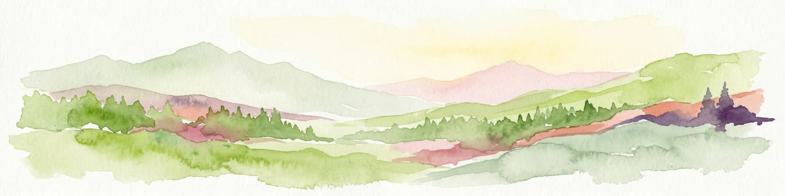 Watercolor illustration of a mountainous landscape with green and purple hues, featuring rolling hills, distant mountains, and a light sky.