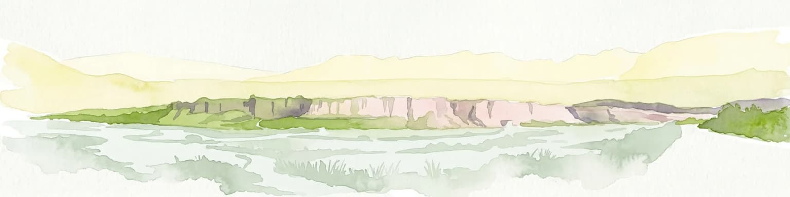 Watercolor painting depicting a landscape with cliffs, a body of water, and distant hills under a light sky